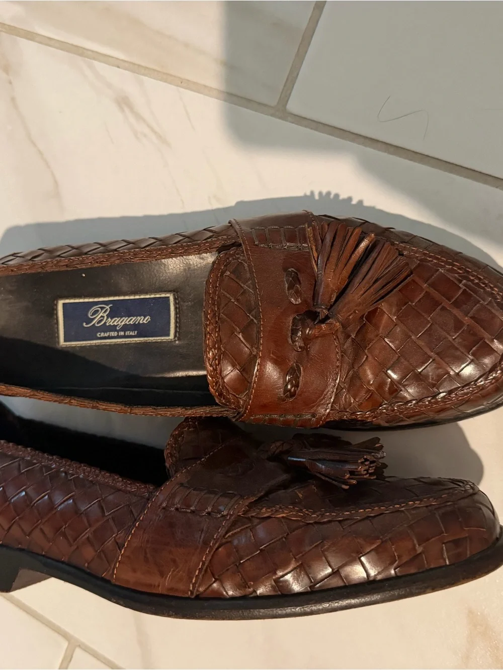 Brown Woven Leather Tassel Loafers - Men's